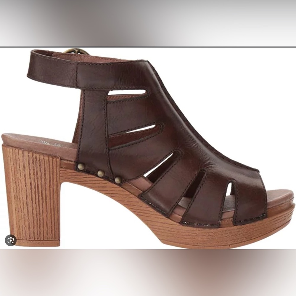 Dansko Demetra Ankle Bootie Leather Peep Toe Open Back Chunky Heel